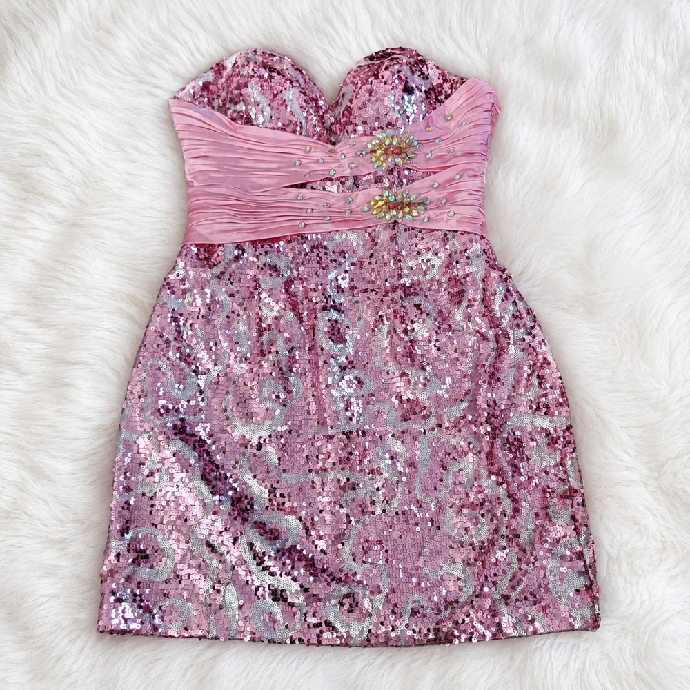 May Queen Pink Sequin Rhinestone Ruched Sweetheart Mini Dress Y2K Party size 10